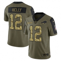 Men Buffalo Bills 12 Jim Kelly 2021 Salute To Service Olive Camo Limited Stitched Jersey Men Buffalo Bills 12 Jim Kelly 2021 Salute To Service Olive Camo Limited Stitched Jersey