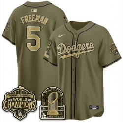 Men Los Angeles Dodgers  5 Freddie Freeman Olive 2026 Armed Forces Day With World Series Champions Patch Limited Stitched Baseball Jersey