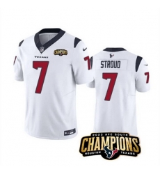 Men Houston Texans 7 C J  Stroud White 2023 F U S E  AFC South Champions Patch Vapor Untouchable Limited Stitched Football Jersey