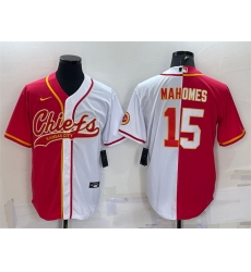 Men Kansas City Chiefs 15 Patrick Mahomes Red White Split With Patch Cool Base Stitched Baseball Jersey