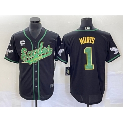 Men Philadelphia Eagles 1 Jalen Hurts Black With C Patch Cool Base Stitched Baseball Jersey Men Philadelphia Eagles 1 Jalen Hurts Black With C Patch Cool Base Stitched Baseball Jersey