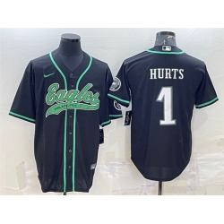 Men Philadelphia Eagles 1 Jalen Hurts Black With Patch Cool Base Stitched Baseball Jersey Men Philadelphia Eagles 1 Jalen Hurts Black With Patch Cool Base Stitched Baseball Jersey