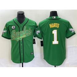 Men Philadelphia Eagles 1 Jalen Hurts Green With C Patch Cool Base Stitched Baseball Jersey Men Philadelphia Eagles 1 Jalen Hurts Green With C Patch Cool Base Stitched Baseball Jersey