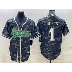 Men Philadelphia Eagles 1 Jalen Hurts Grey Camo With Patch Cool Base Stitched Baseball Jersey Men Philadelphia Eagles 1 Jalen Hurts Grey Camo With Patch Cool Base Stitched Baseball Jersey