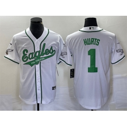 Men Philadelphia Eagles 1 Jalen Hurts White Cool Base Stitched Baseball Jersey Men Philadelphia Eagles 1 Jalen Hurts White Cool Base Stitched Baseball Jersey
