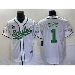 Men Philadelphia Eagles 1 Jalen Hurts White With C Patch Cool Base Stitched Baseball Jersey Men Philadelphia Eagles 1 Jalen Hurts White With C Patch Cool Base Stitched Baseball Jersey