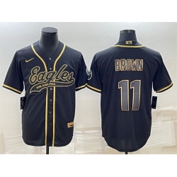 Men Philadelphia Eagles 11 A  J  Brown Black Gold With Patch Cool Base Stitched Baseball Jersey Men Philadelphia Eagles 11 A  J  Brown Black Gold With Patch Cool Base Stitched Baseball Jersey