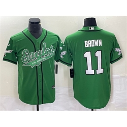 Men Philadelphia Eagles 11 A  J  Brown Green Cool Base Stitched Baseball Jersey Men Philadelphia Eagles 11 A  J  Brown Green Cool Base Stitched Baseball Jersey