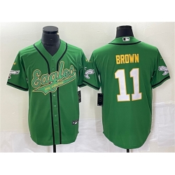 Men Philadelphia Eagles 11 A  J  Brown Green Gold Cool Base Stitched Baseball Jersey Men Philadelphia Eagles 11 A  J  Brown Green Gold Cool Base Stitched Baseball Jersey