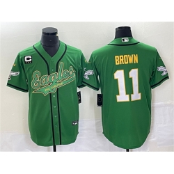 Men Philadelphia Eagles 11 A  J  Brown Green Gold With C Patch Cool Base Stitched Baseball Jersey Men Philadelphia Eagles 11 A  J  Brown Green Gold With C Patch Cool Base Stitched Baseball Jersey