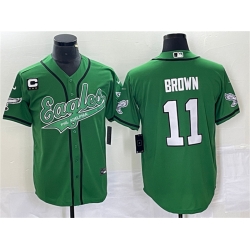 Men Philadelphia Eagles 11 A  J  Brown Green With C Patch Cool Base Stitched Baseball Jersey Men Philadelphia Eagles 11 A  J  Brown Green With C Patch Cool Base Stitched Baseball Jersey