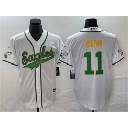 Men Philadelphia Eagles 11 A  J  Brown White Gold Cool Base Stitched Baseball Jersey Men Philadelphia Eagles 11 A  J  Brown White Gold Cool Base Stitched Baseball Jersey