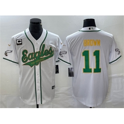 Men Philadelphia Eagles 11 A  J  Brown White Gold With C Patch Cool Base Stitched Baseball Jersey Men Philadelphia Eagles 11 A  J  Brown White Gold With C Patch Cool Base Stitched Baseball Jersey