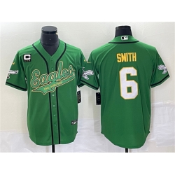 Men Philadelphia Eagles 6 DeVonta Smith Green Gold With C Patch Cool Base Stitched Baseball Jersey Men Philadelphia Eagles 6 DeVonta Smith Green Gold With C Patch Cool Base Stitched Baseball Jersey