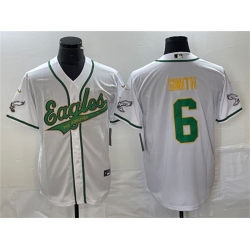 Men Philadelphia Eagles 6 DeVonta Smith White Gold Cool Base Stitched Baseball Jersey Men Philadelphia Eagles 6 DeVonta Smith White Gold Cool Base Stitched Baseball Jersey