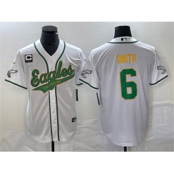 Men Philadelphia Eagles 6 DeVonta Smith White Gold With C Patch Cool Base Stitched Baseball Jersey Men Philadelphia Eagles 6 DeVonta Smith White Gold With C Patch Cool Base Stitched Baseball Jersey