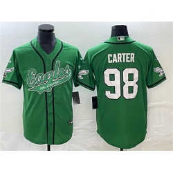 Men Philadelphia Eagles 98 Jalen Carter Green Cool Base Stitched Baseball Jersey Men Philadelphia Eagles 98 Jalen Carter Green Cool Base Stitched Baseball Jersey