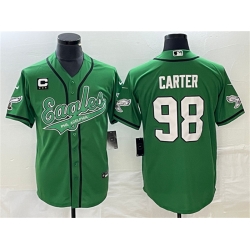 Men Philadelphia Eagles 98 Jalen Carter Green With C Patch Cool Base Stitched Baseball Jersey Men Philadelphia Eagles 98 Jalen Carter Green With C Patch Cool Base Stitched Baseball Jersey
