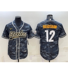 Men Pittsburgh Steelers 12 Terry Bradshaw Grey Navy Camo With Patch Cool Base Stitched Baseball Jersey