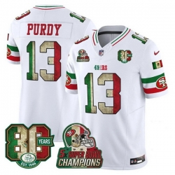 Men San Francisco 49ers Active Player Custom White Mexico 80th Anniversary Five Time Super Bowl Champions Patch 2026 F U S E Vapor Untouchable Limited Stit