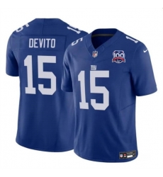 Men New York Giants 15 Tommy DeVito Blue 2024 F U S E  100TH Season Patch Vapor Untouchable Limited Stitched Jersey