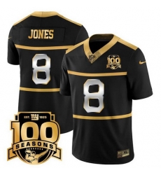 Men New York Giants 8 Daniel Jones Black Gold 100TH Season Commemorative Patch Limited Stitched Football Jersey