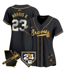 Women Atlanta Braves 23 Michael Harris II Black Gold 2024 Spring Training  26 Georgia Patch Vapor Limited Stitched Baseball Jersey 