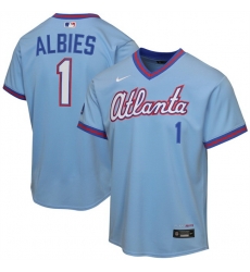 Youth Atlanta Braves 1 Ozzie Albies Powder Blue 2026 City Connect Stadium Stitched Baseball Jersey Youth Atlanta Braves 1 Ozzie Albies Powder Blue 2026 City Connect Stadium Stitched Baseball Jersey