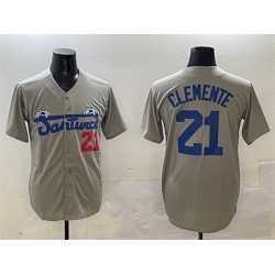 Men Santurce Crabbers 21 Roberto Clemente Grey Cool Base Stitched Baseball Jersey