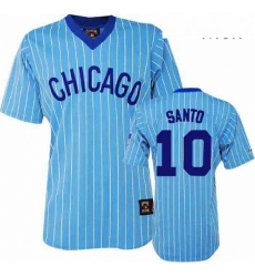 Mens Majestic Chicago Cubs 10 Ron Santo Authentic BlueWhite Strip Cooperstown Throwback MLB Jersey