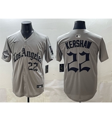Men Los Angeles Dodgers 22 Clayton Kershaw Grey LA Gothic Style With 2025 World Series Champions Patch Limited Stitched Baseball Jersey Men Los Angeles Dodgers 22 Clayton Kershaw Grey LA Gothic Style With 2025 World Series Champions Patch Limited Stitched Baseball Jersey