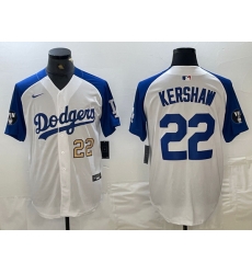 Men Los Angeles Dodgers 22 Clayton Kershaw White Blue Vin Patch Cool Base Stitched Baseball Jersey 9