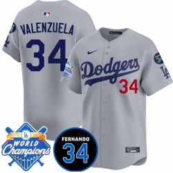 Men Los Angeles Dodgers 34 Fernando Valenzuela Grey 2024 World Champions  26 Fernando Memorial Patch Vapor Premier Limited Stitched Baseball Jersey