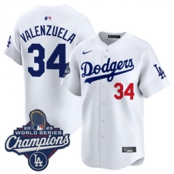 Men Los Angeles Dodgers 34 Fernando Valenzuela White 2025 World Series Champions Patch Home Limited Stitched Baseball Jersey