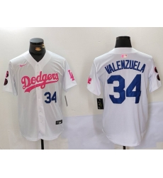 Men Los Angeles Dodgers 34 Fernando Valenzuela White Pink Vin  26 Kobe Patch Stitched Baseball Jersey 1