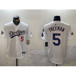 Men Los Angeles Dodgers 5 Freddie Freeman White Gold 2024 World Series Champions With Fernando Memorial Patch Home Limited Stitched Baseball Jersey