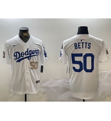 Men Los Angeles Dodgers 50 Mookie Betts White 2024 World Series With Fernando Memorial Patch Home Limited Stitched Baseball Jersey 5