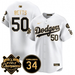 Men Los Angeles Dodgers 50 Mookie Betts White Gold 2024 World Champions  26 Fernando Memorial Patch Vapor Premier Limited Stitched Baseball Jersey