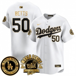 Men Los Angeles Dodgers 50 Mookie Betts White Gold 2024 World Series Patch Vapor Premier Limited Stitched Baseball Jersey