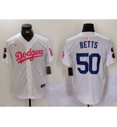 Men Los Angeles Dodgers 50 Mookie Betts White Pink Vin  26 Kobe Patch Stitched Baseball Jerseys 1