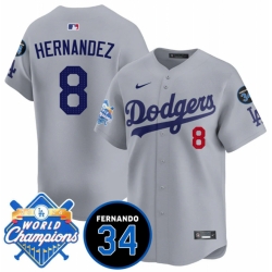 Men Los Angeles Dodgers 8 Enrique Hernandez Grey 2024 World Champions  26 Fernando Memorial Patch Vapor Premier Limited Stitched Baseball Jersey