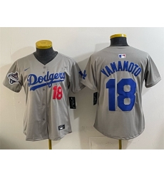 Women Los Angeles Dodgers 18 Yoshinobu Yamamoto Grey 2025 World Series Champions Patch Limited Stitched Baseball Jersey 