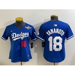 Women Los Angeles Dodgers 18 Yoshinobu Yamamoto Royal 2025 World Series Patch Limited Stitched Baseball Jersey 