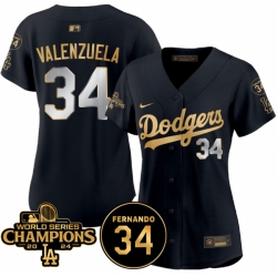 Women Los Angeles Dodgers 34 Fernando Valenzuela Black Gold 2024 World Series Champions  26 Fernando Memorial Patch Limited Stitched Baseball Jersey 28Run 