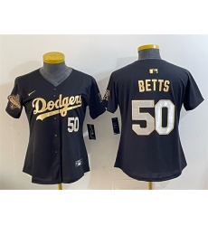 Women Los Angeles Dodgers 50 Mookie Betts Black Gold 2025 World Series Champions Patch Limited Stitched Baseball Jersey 