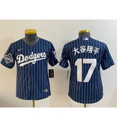 Youth Los Angeles Dodgers 17 Shohei Ohtani Navy Pinstripe 2025 World Series Champions Patch Cool Base Stitched Baseball Jersey