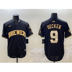 Men Milwaukee Brewers 9 Bob Uecker Black Gold With Home Patch Limited Stitched Baseball Jersey