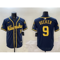 Men Milwaukee Brewers 9 Bob Uecker Navy With Home Patch Limited Stitched Baseball Jersey