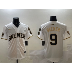 Men Milwaukee Brewers 9 Bob Uecker White Gold With Home Patch Limited Stitched Baseball Jersey