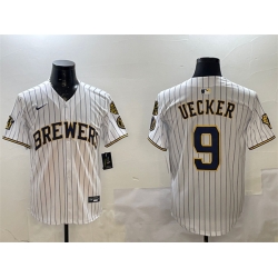 Men Milwaukee Brewers 9 Bob Uecker White With Home Patch Limited Stitched Baseball Jersey